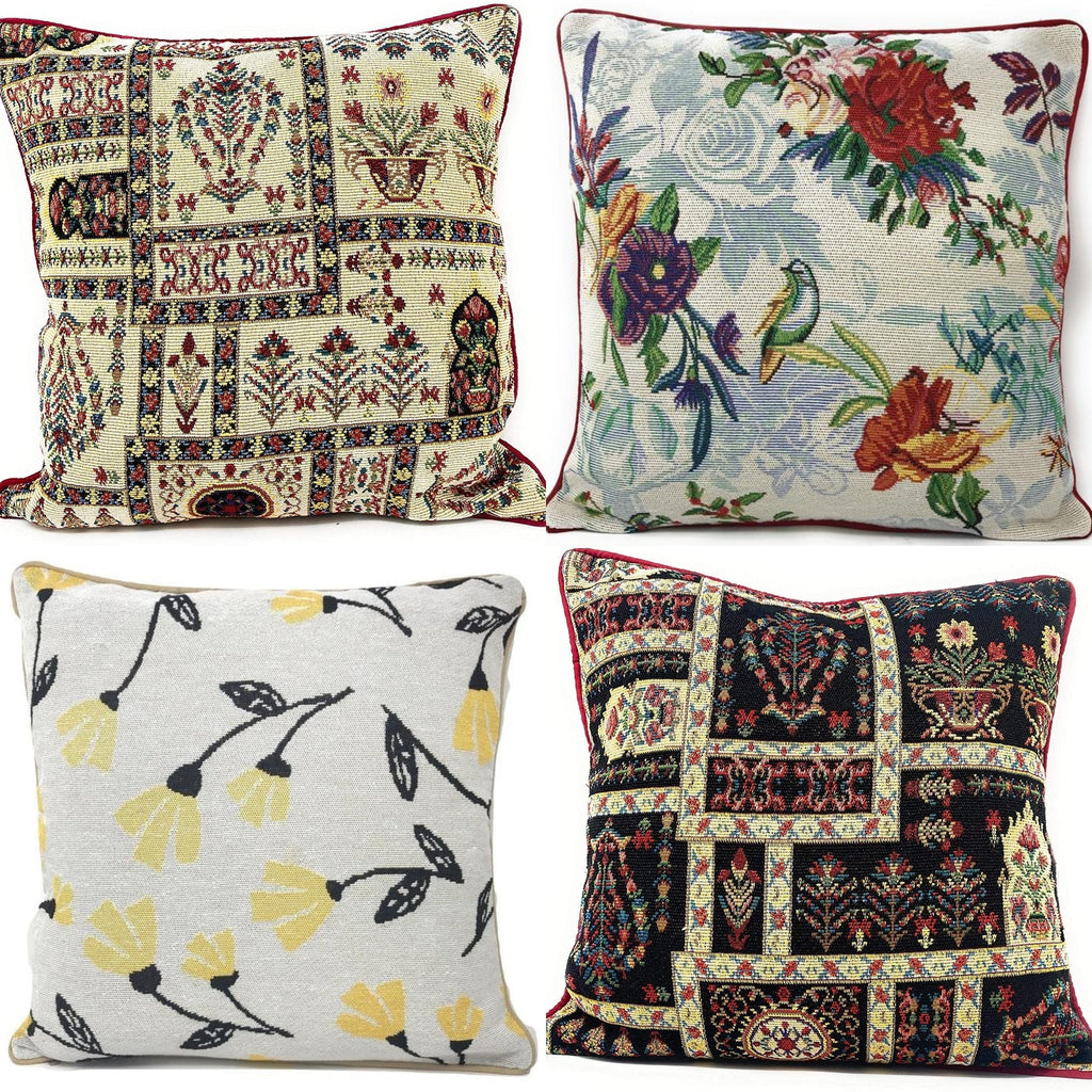 DaDa Bedding Set of 4 Pieces - Floral Garden Botanical Tapestry Throw Pillow Covers Bundle Pack - 16" x 16" - DaDa Bedding Collection