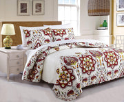 DaDa Bedding Casablanca Garden Mediterranean Floral Red & White Quilted Bedspread Set (HS-11130) - DaDa Bedding Collection