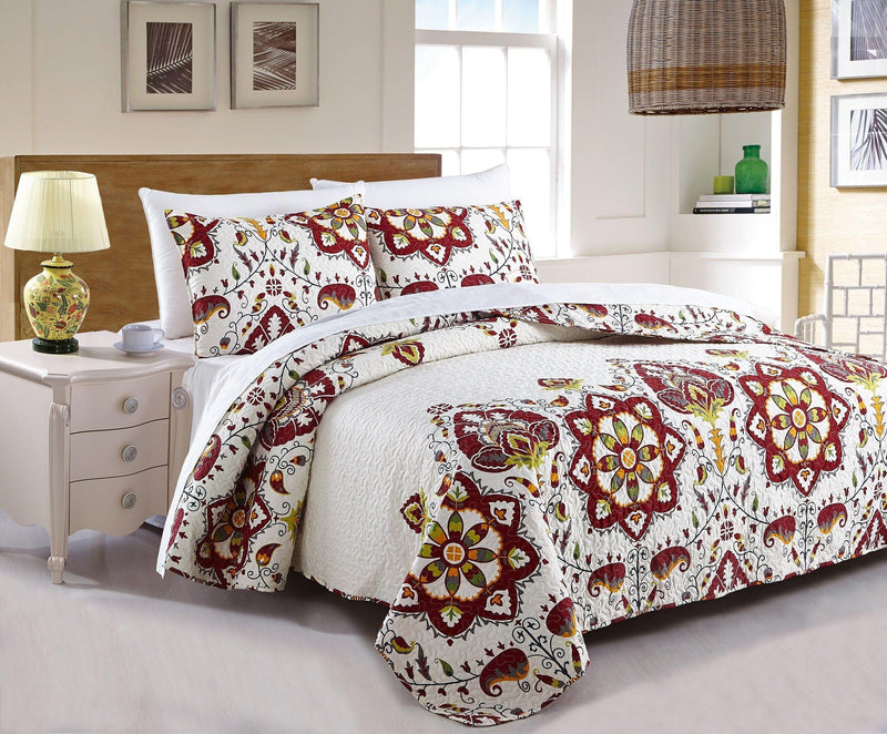 DaDa Bedding Casablanca Garden Mediterranean Floral Red & White Quilted Bedspread Set (HS-11130) - DaDa Bedding Collection