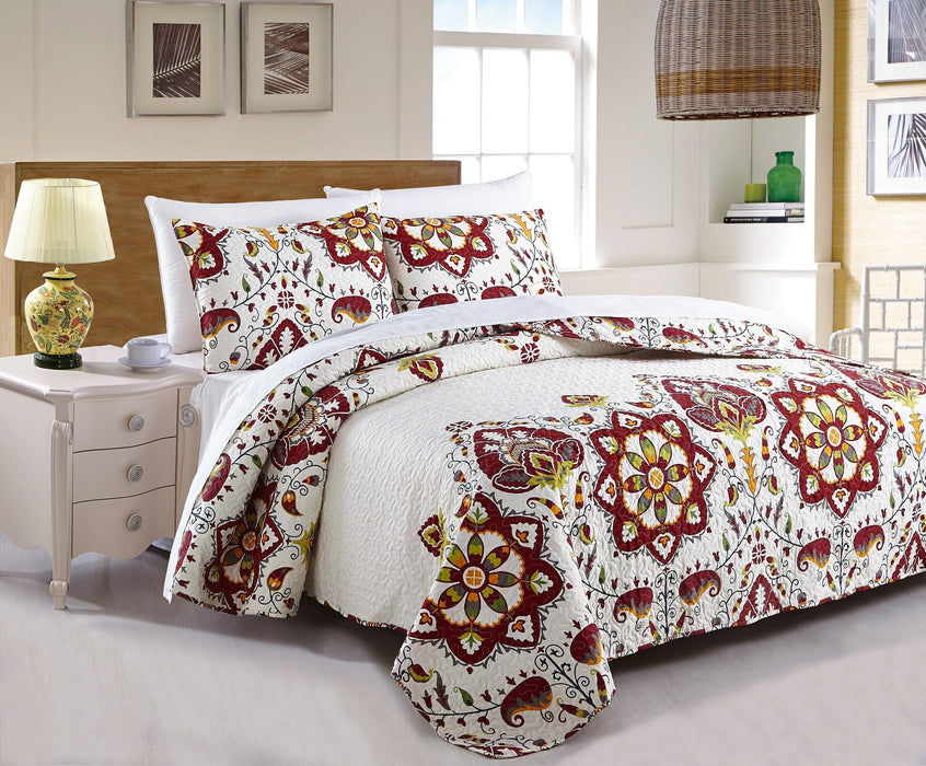 DaDa Bedding Casablanca Garden Mediterranean Floral Red & White Quilted Bedspread Set (HS-11130)