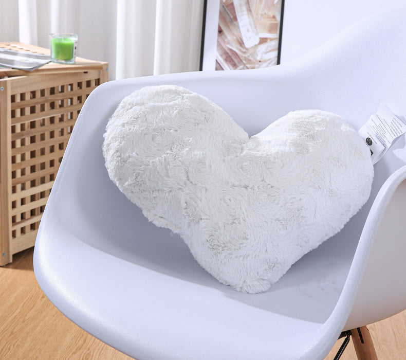 DaDa Bedding White Luxury Roses Romantic Plush Stuffed Heart Throw Pillow - 16” x 14”