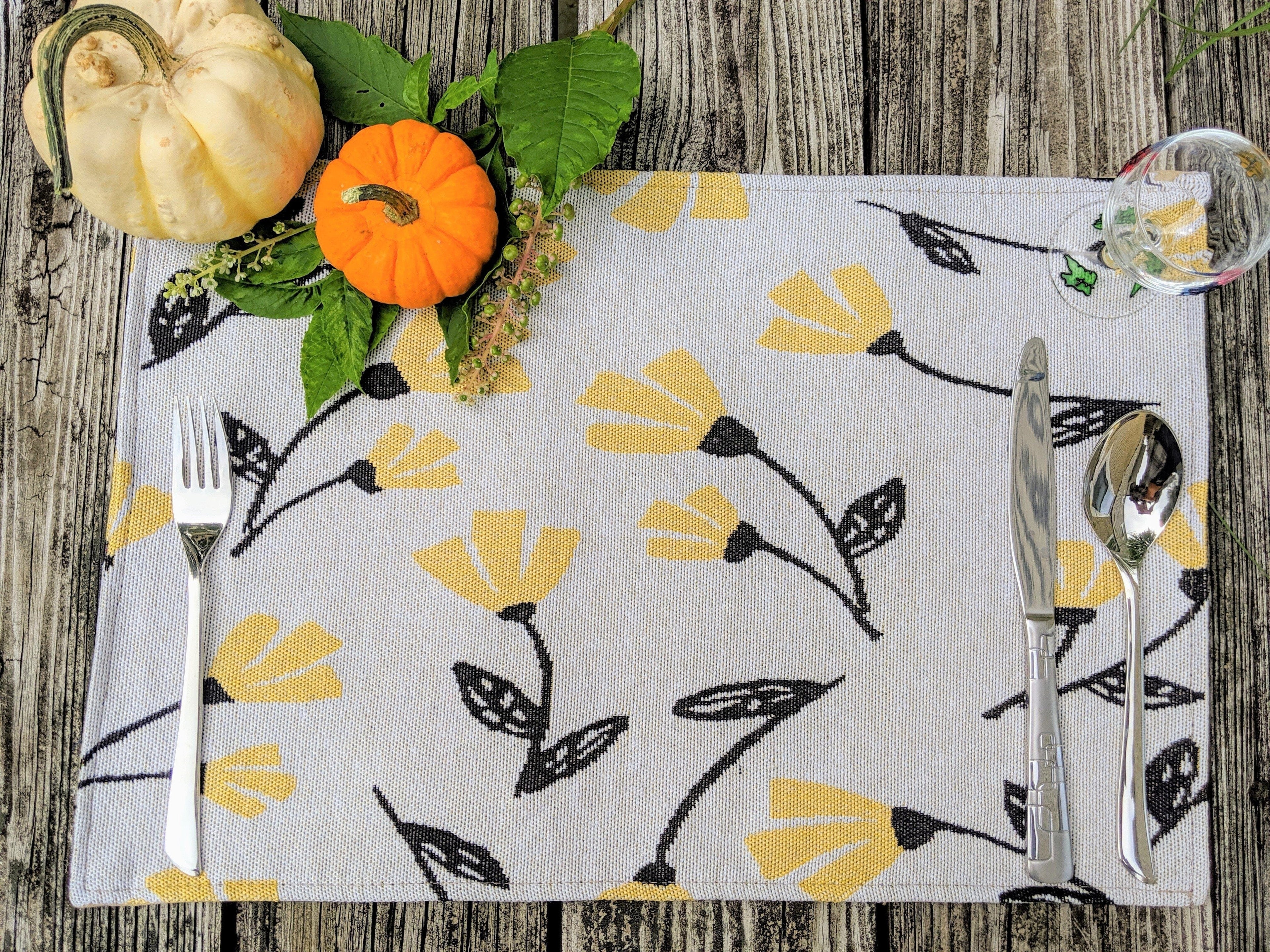 DaDa Bedding Set of 4-Pieces Sunshine Yellow Fleur Spring Tapestry Dining Table Placemats 13” x 19” (18112) - DaDa Bedding Collection