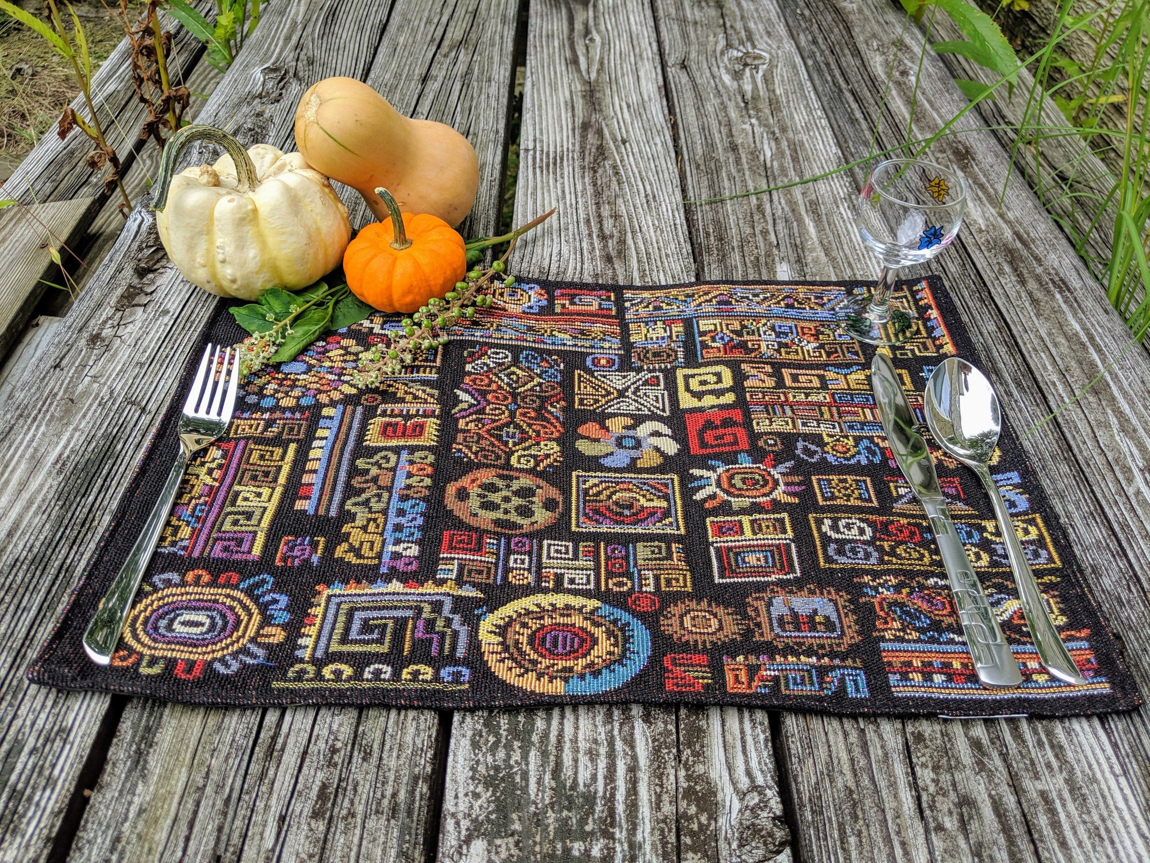 DaDa Bedding Set of 4-Pieces Ethnic Ornaments Geometric Black Tapestry Dining Placemats 13” x 19” (18118) - DaDa Bedding Collection