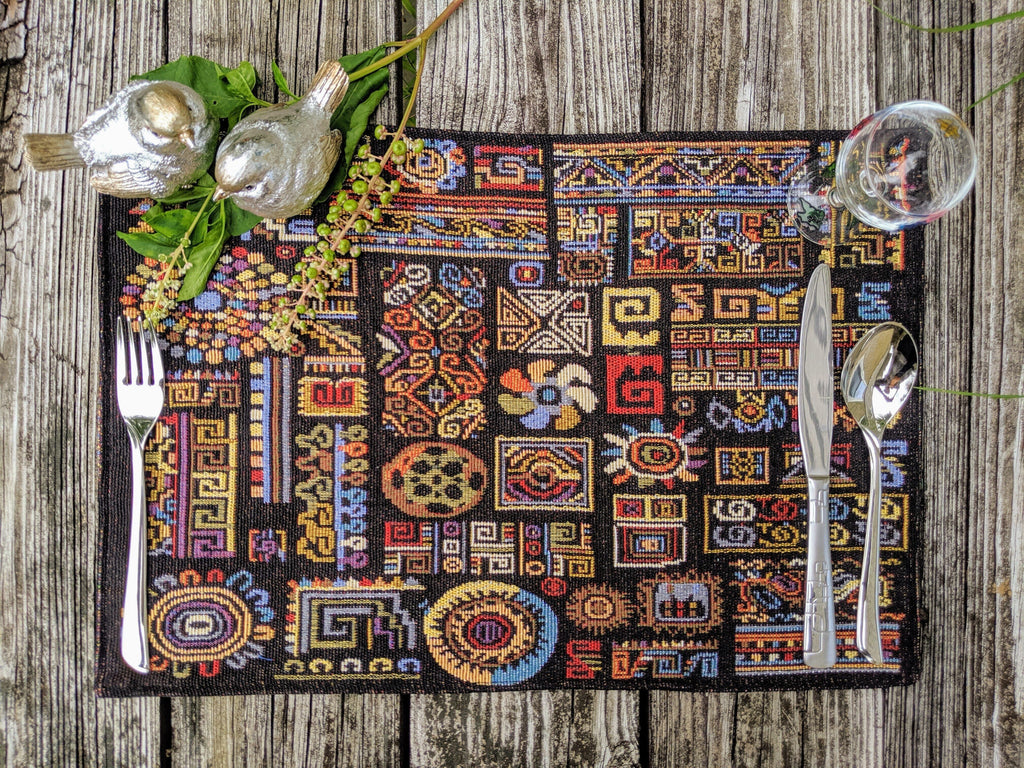 DaDa Bedding Set of 4-Pieces Ethnic Ornaments Geometric Black Tapestry Dining Placemats 13” x 19” (18118) - DaDa Bedding Collection