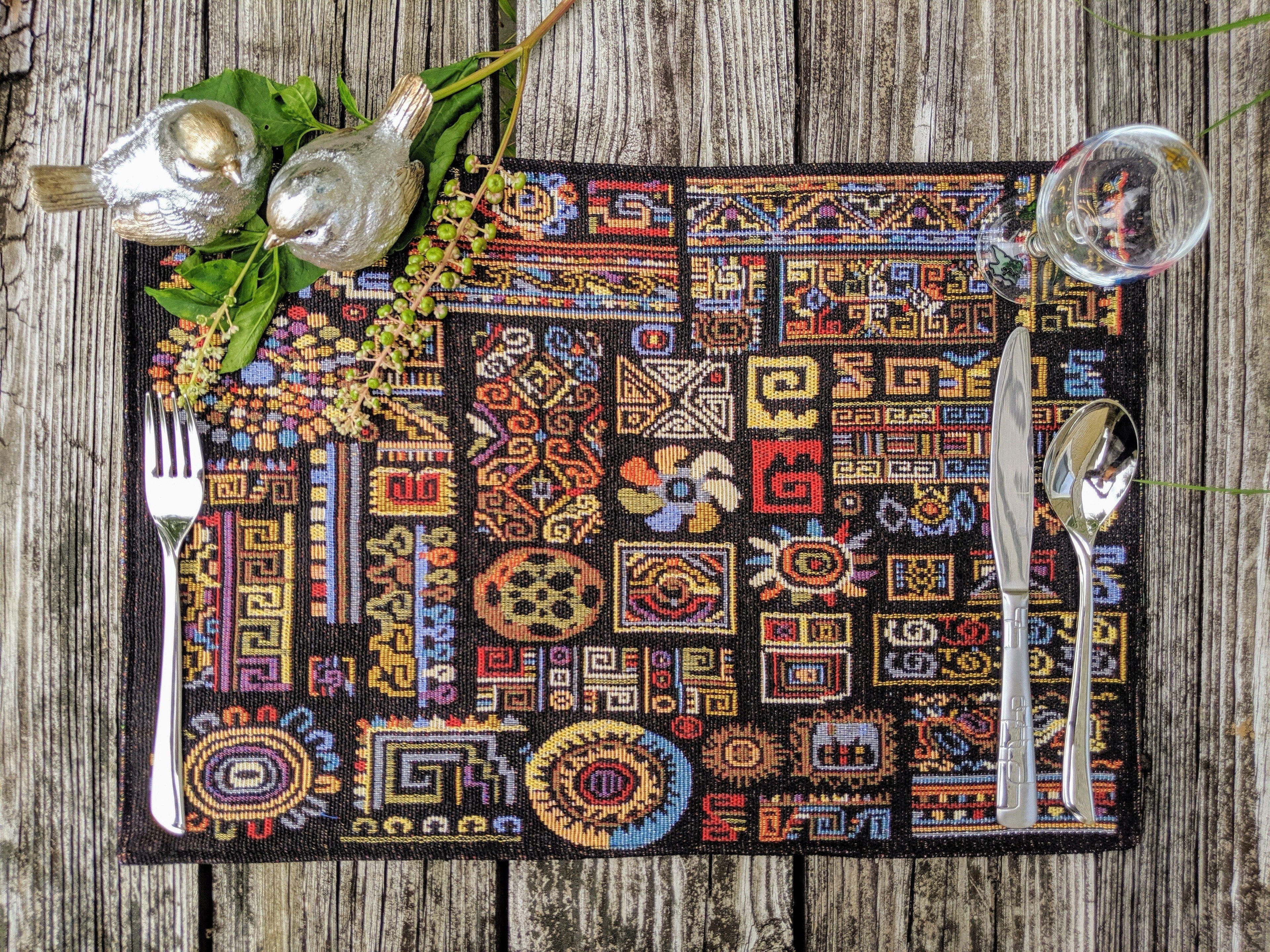 DaDa Bedding Set of 4-Pieces Ethnic Ornaments Geometric Black Tapestry Dining Placemats 13” x 19” (18118) - DaDa Bedding Collection