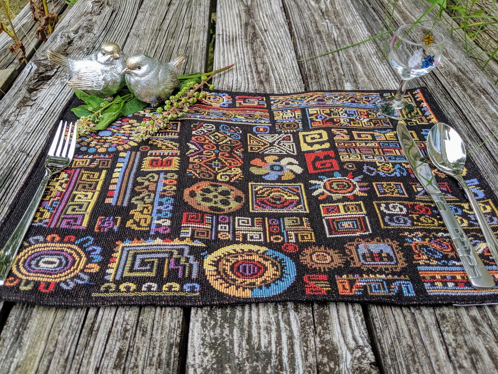DaDa Bedding Set of 4-Pieces Ethnic Ornaments Geometric Black Tapestry Dining Placemats 13” x 19” (18118) - DaDa Bedding Collection
