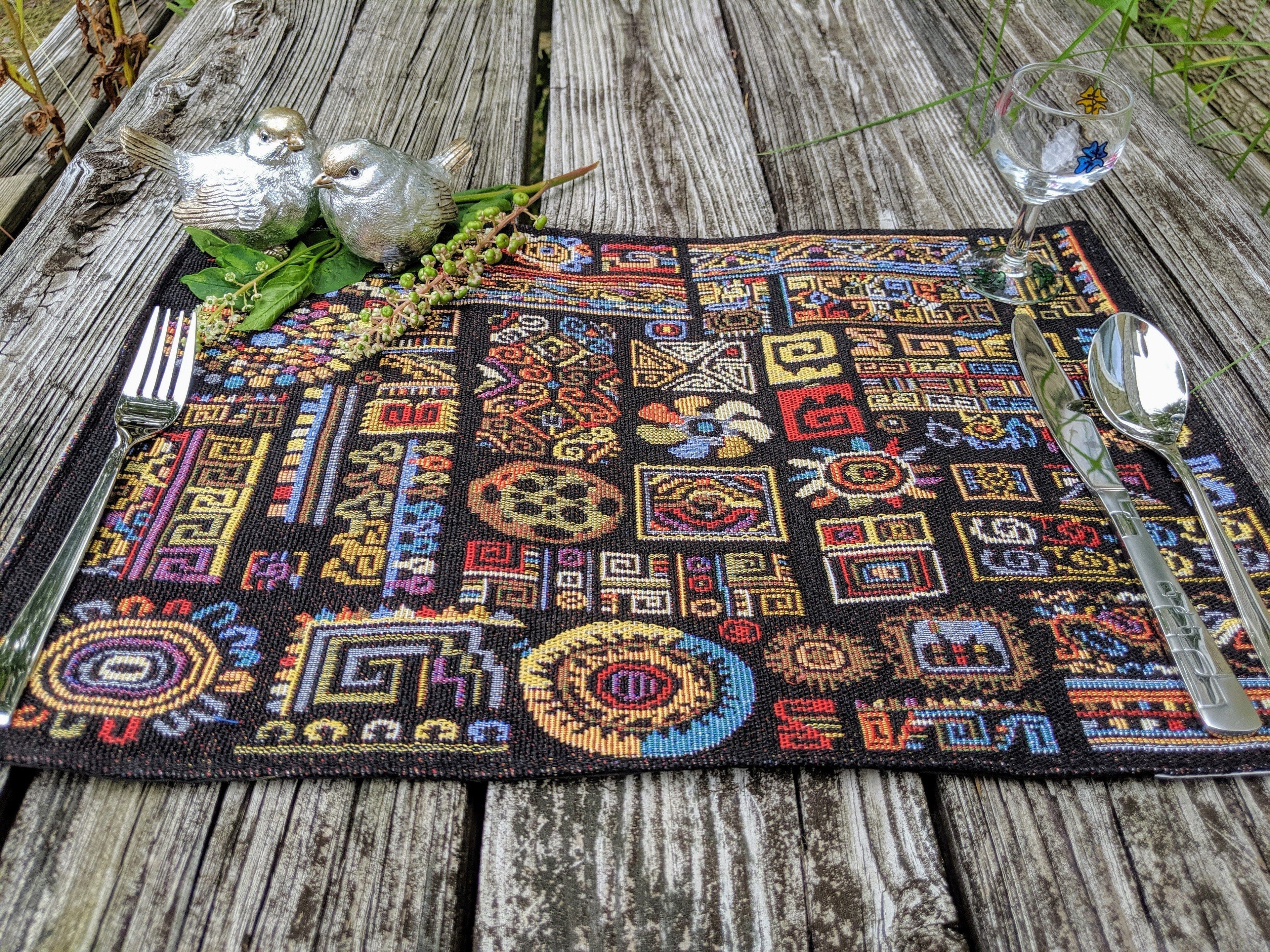 DaDa Bedding Set of 4-Pieces Ethnic Ornaments Geometric Black Tapestry Dining Placemats 13” x 19” (18118) - DaDa Bedding Collection