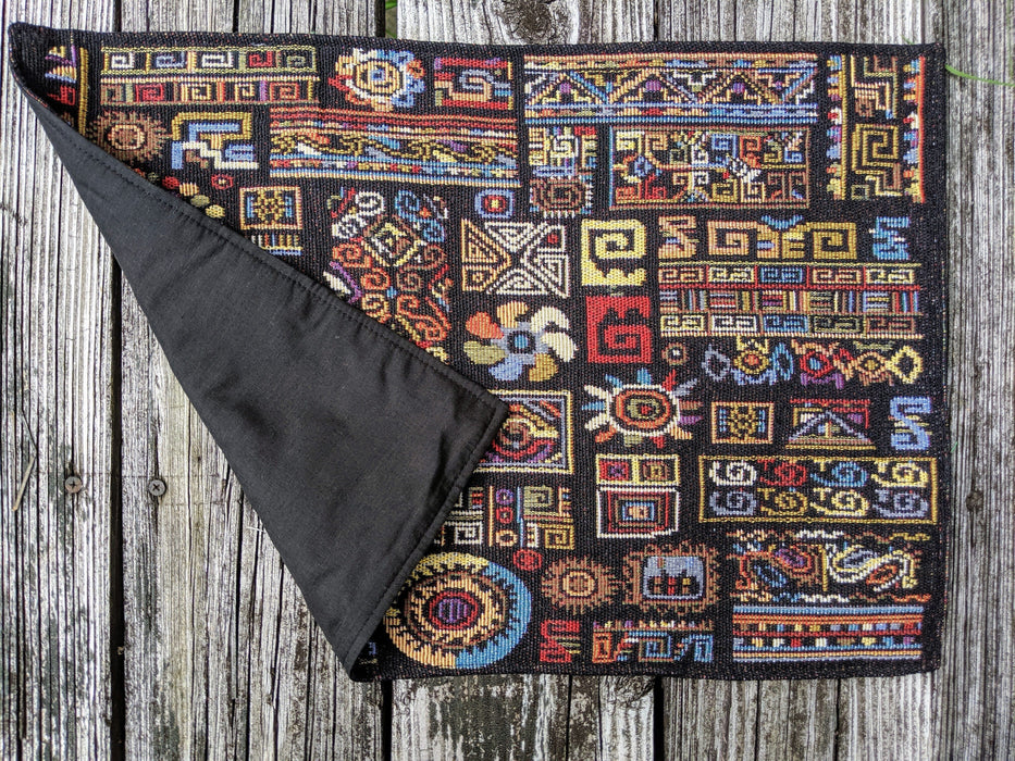 DaDa Bedding Set of 8 Pieces Ethnic Ornaments Table Woven Black Tapestry - 4 Placemats, 2 Table Runners, 2 Throw Pillow Covers (18118) - DaDa Bedding Collection