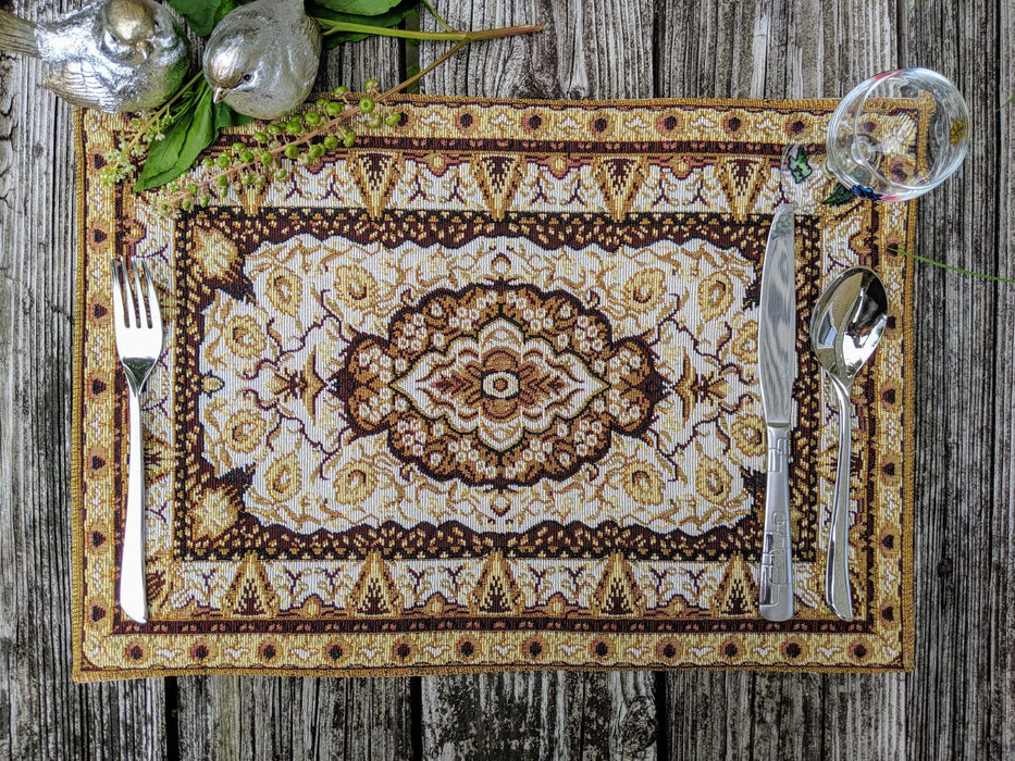 Placemat - DaDa Bedding Royal Persian Rug Golden Floral Placemats, Set of 4 Tapestry 13” x 19” (18119) - DaDa Bedding Collection