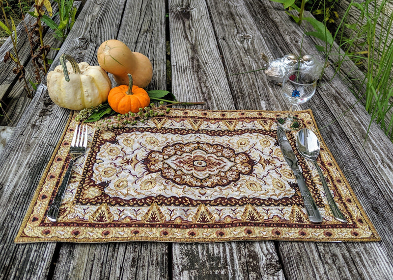 DaDa Bedding Set of 4-6 Pieces Royal Persian Style Rug Golden Brown Floral Tapestry Placemats 13” x 19” (18119) - DaDa Bedding Collection