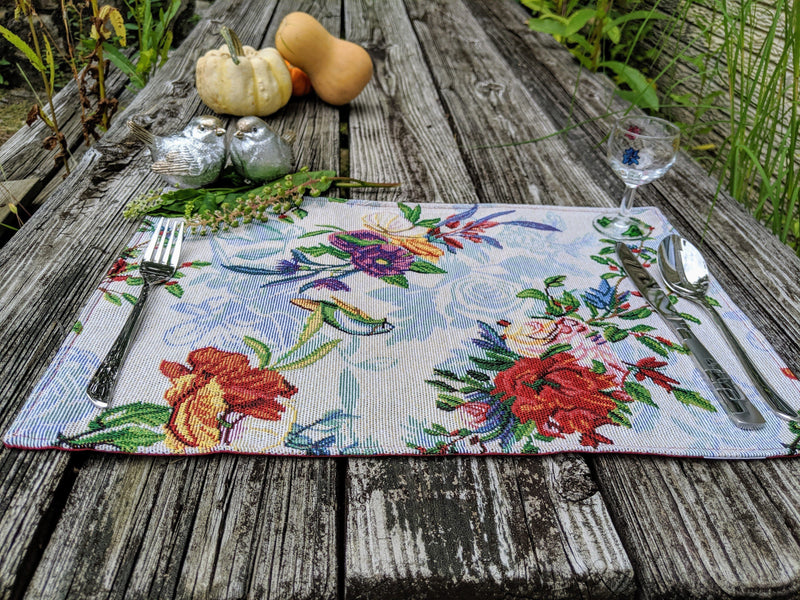 DaDa Bedding Set of 4-Pieces Tropical Sky Blue Birds Floral Tapestry Dining Table Placemats 13” x 19” (18116) - DaDa Bedding Collection