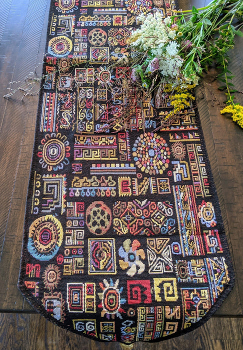 DaDa Bedding Set of 8 Pieces Ethnic Ornaments Table Woven Black Tapestry - 4 Placemats, 2 Table Runners, 2 Throw Pillow Covers (18118) - DaDa Bedding Collection