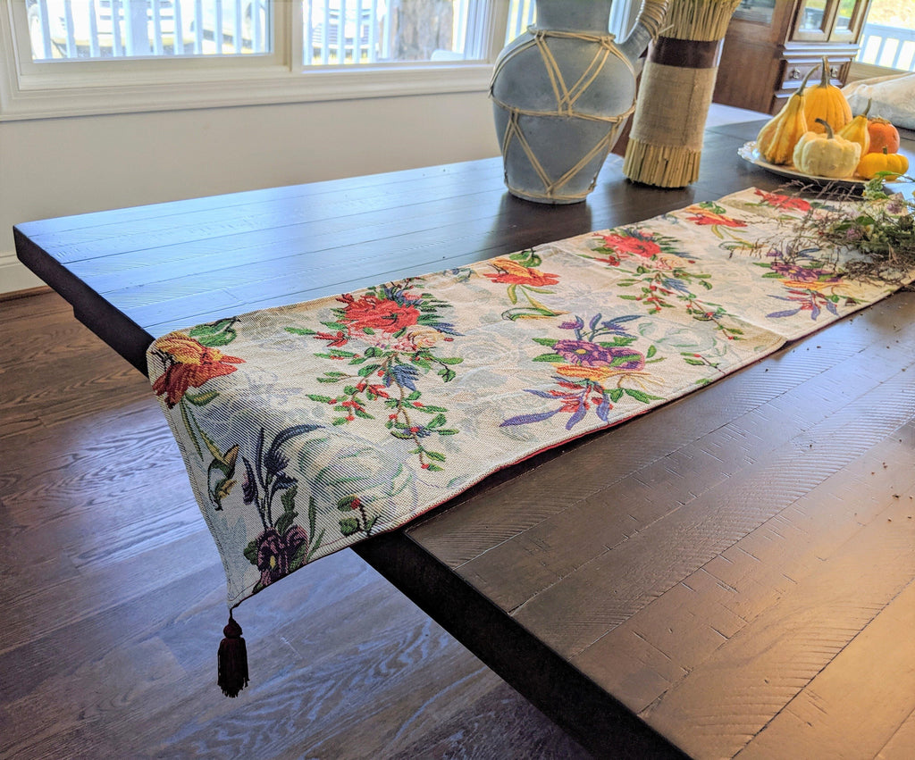 DaDa Bedding Floral Roses Tropical Paradise Birds Woven Tapestry Dining Table Runner (18116) - DaDa Bedding Collection