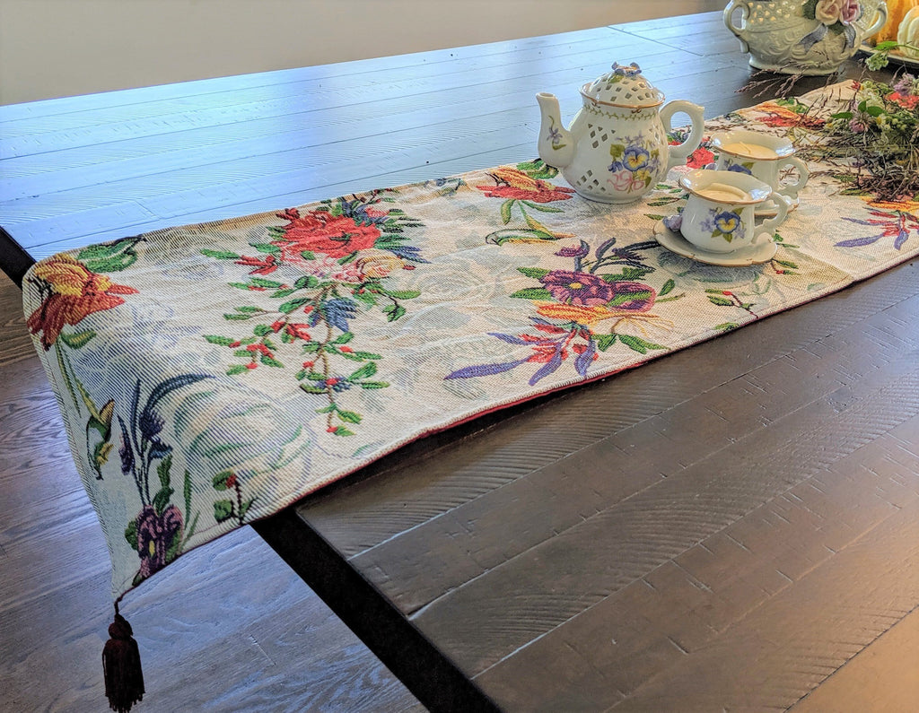 DaDa Bedding Floral Roses Tropical Paradise Birds Woven Tapestry Dining Table Runner (18116) - DaDa Bedding Collection
