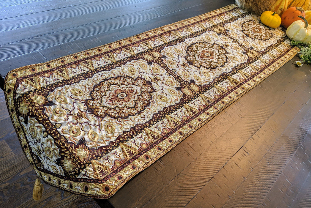 TABLE RUNNER - DaDa Bedding Elegant Woven Tapestry Table Runner, Golden Persian Rug Floral Damask (18119) - DaDa Bedding Collection