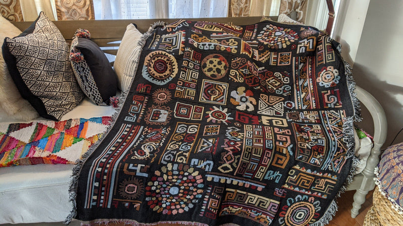 DaDa Bedding Elegant Tapestry Throw Blanket, Ethnic Ornaments Geometric Black - 50” x 60” (7174) - DaDa Bedding Collection