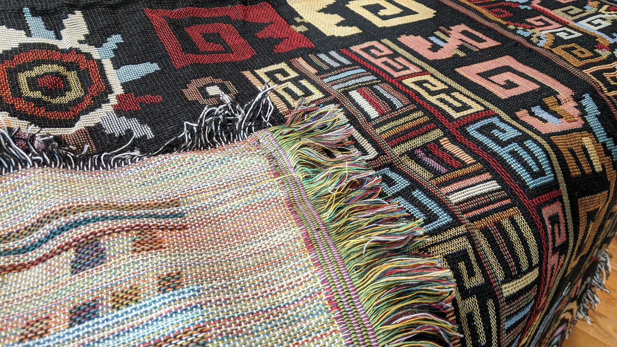 BLANKET - DaDa Bedding Elegant Tapestry Throw Blanket, Ethnic Ornaments Geometric Black - 50” x 60” (7174) - DaDa Bedding Collection