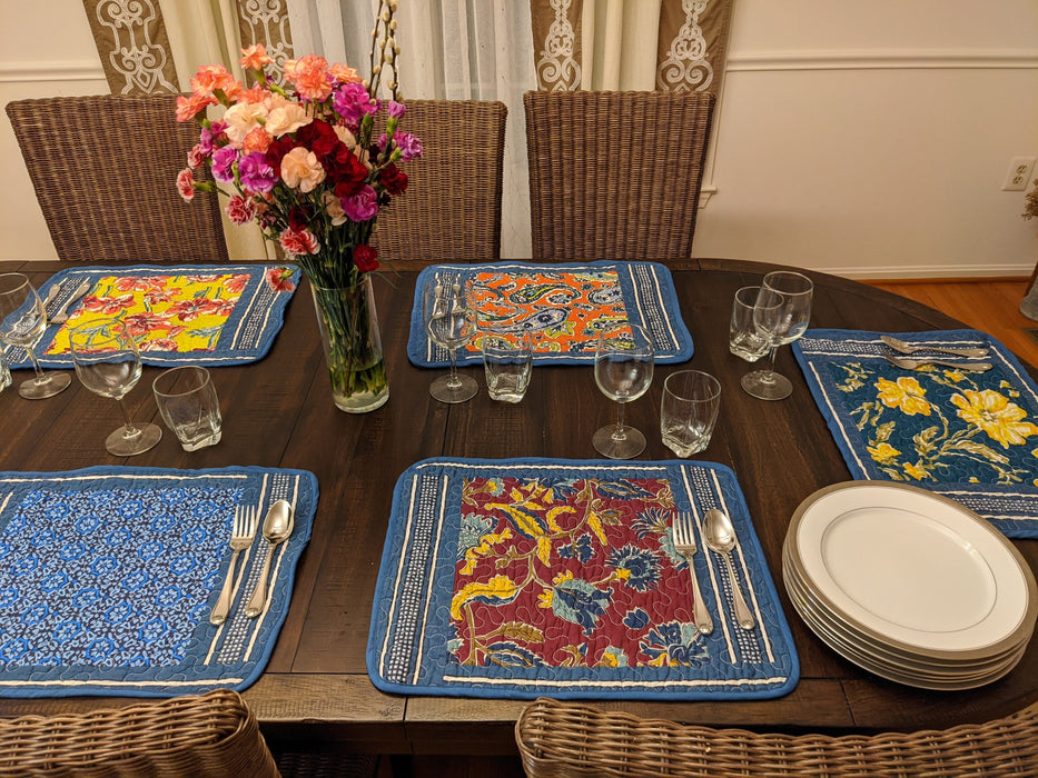 DaDa Bedding Set of 6-Pieces Hand-Made Placemats Cotton Bohemian Midnight Ocean Blue Patchwork Floral Table Mats (JHW-572) - DaDa Bedding Collection