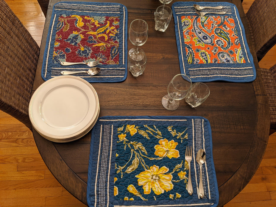 DaDa Bedding Set of 6-Pieces Hand-Made Placemats Cotton Bohemian Midnight Ocean Blue Patchwork Floral Table Mats (JHW-572) - DaDa Bedding Collection