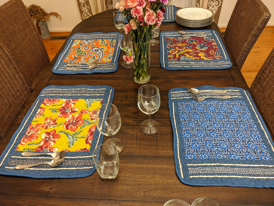 DaDa Bedding Set of 6-Pieces Hand-Made Placemats Cotton Bohemian Midnight Ocean Blue Patchwork Floral Table Mats (JHW-572) - DaDa Bedding Collection