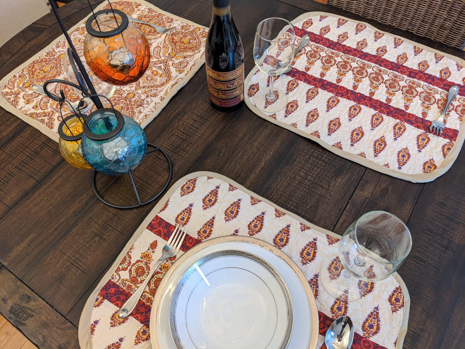 DaDa Bedding Set of 6-Pieces Hand-Made Placemats Cotton Bohemian Moroccan Tear Drop Rubies Paisley Floral Patchwork Table Mats (JHW653) - DaDa Bedding Collection