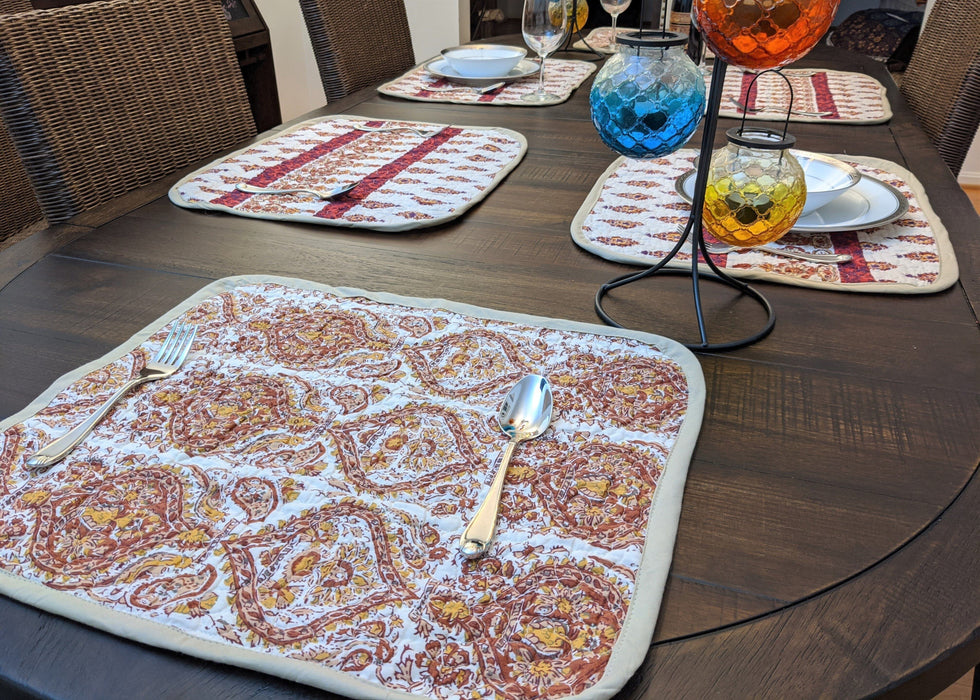 DaDa Bedding Set of 6-Pieces Hand-Made Placemats Cotton Bohemian Moroccan Tear Drop Rubies Paisley Floral Patchwork Table Mats (JHW653) - DaDa Bedding Collection