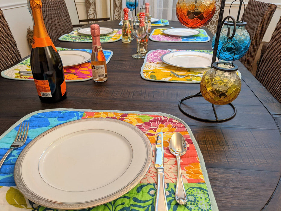 DaDa Bedding Set of 6-Pieces Hand-Made Placemats Cotton Bohemian Tropical Sunrise Rainbow Garden Patchwork Floral Table Mats - DaDa Bedding Collection