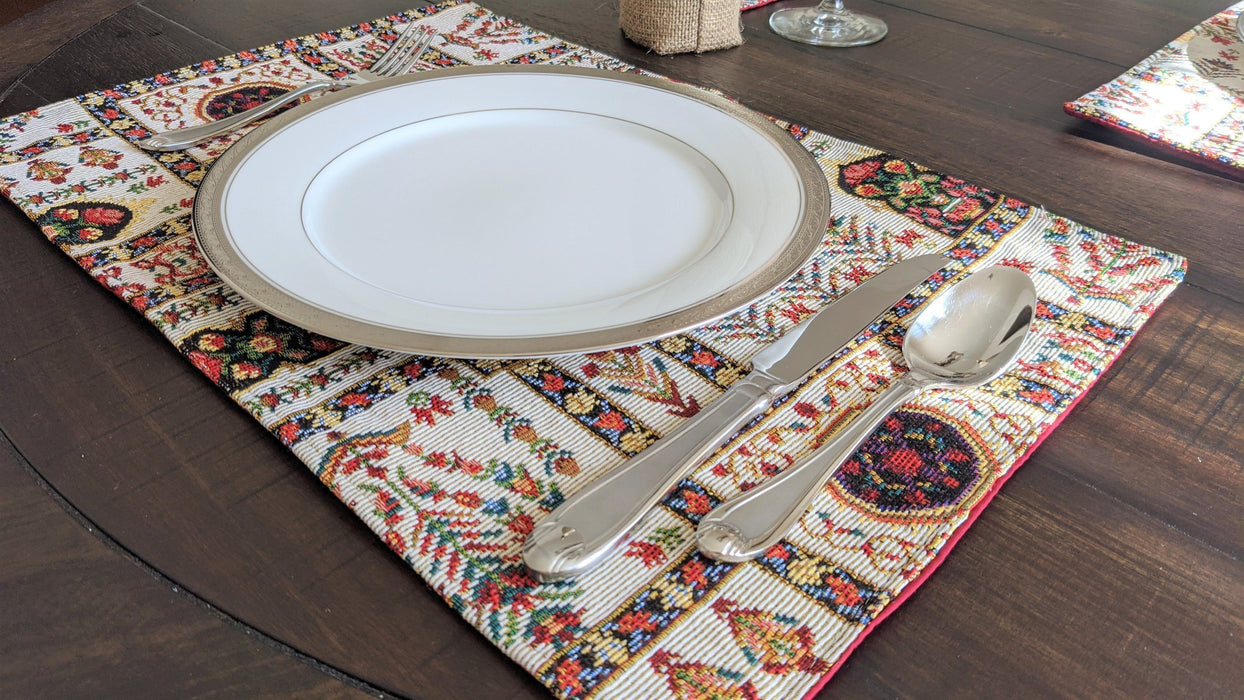 DaDa Bedding Set of 8 Pieces Light Botanical Mughal Floral Table Woven Tapestry - 4 Placemats, 2 Table Runners, 2 Throw Pillow Covers (18196) - DaDa Bedding Collection