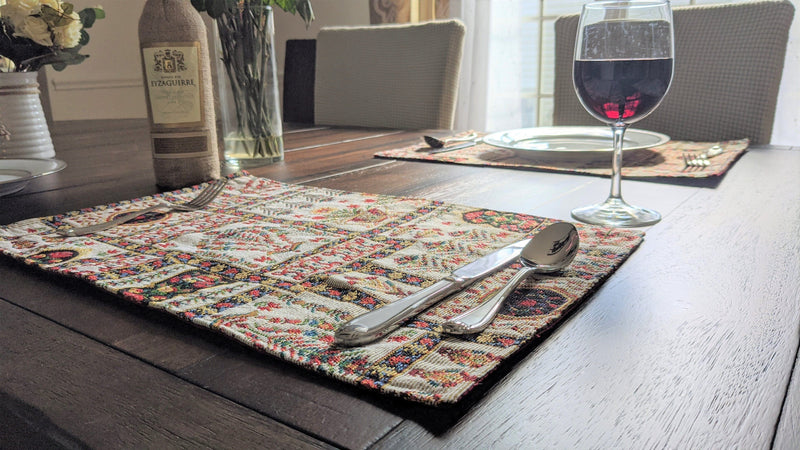 DaDa Bedding Set of 8 Pieces Light Botanical Mughal Floral Table Woven Tapestry - 4 Placemats, 2 Table Runners, 2 Throw Pillow Covers (18196) - DaDa Bedding Collection