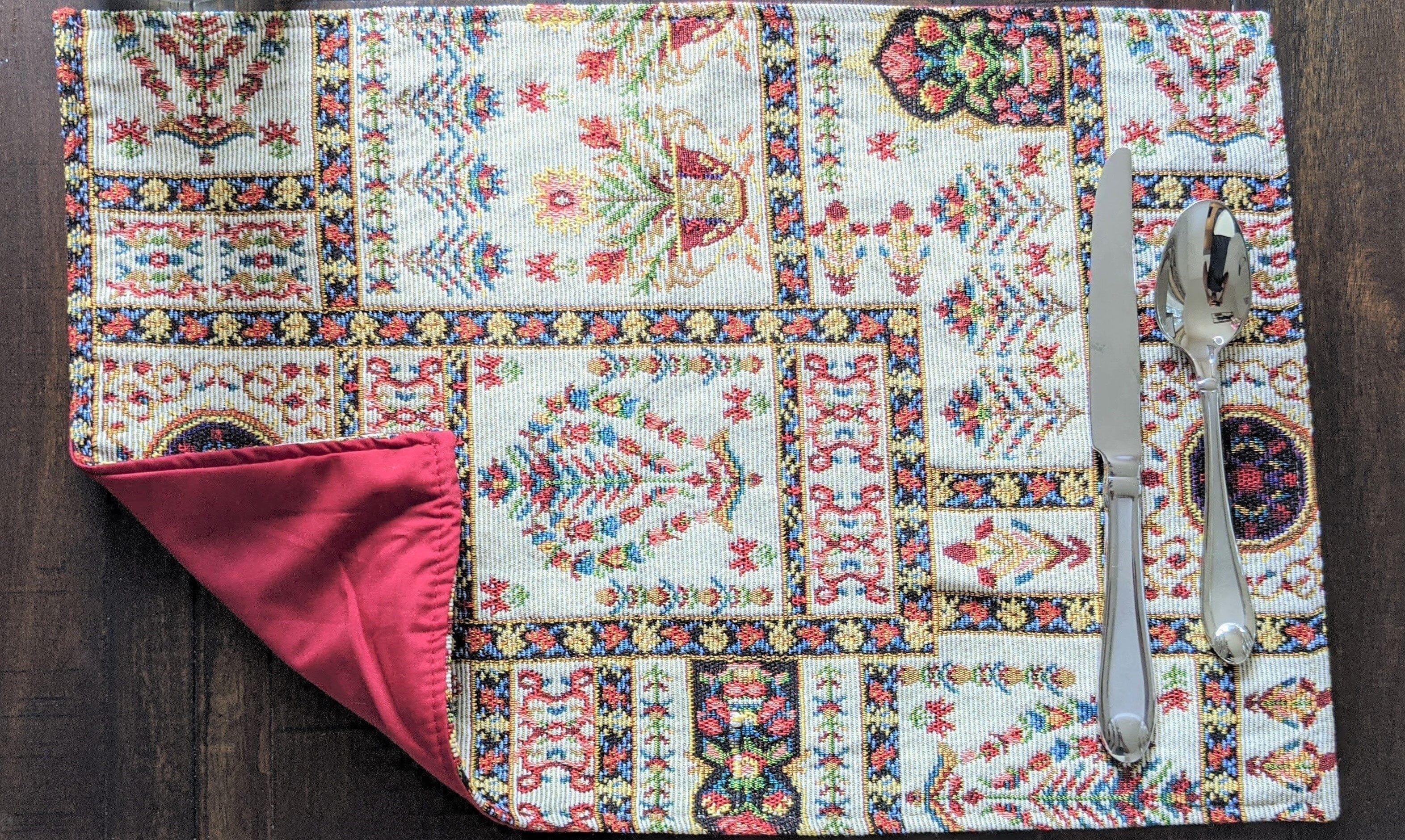 DaDa Bedding Set of 8 Pieces Light Botanical Mughal Floral Table Woven Tapestry - 4 Placemats, 2 Table Runners, 2 Throw Pillow Covers (18196) - DaDa Bedding Collection