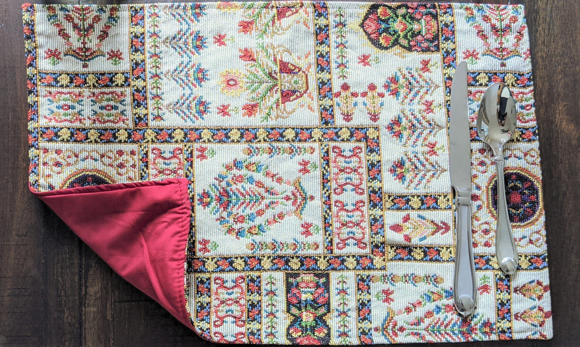 DaDa Bedding Set of 8 Pieces Light Botanical Mughal Floral Table Woven Tapestry - 4 Placemats, 2 Table Runners, 2 Throw Pillow Covers (18196) - DaDa Bedding Collection