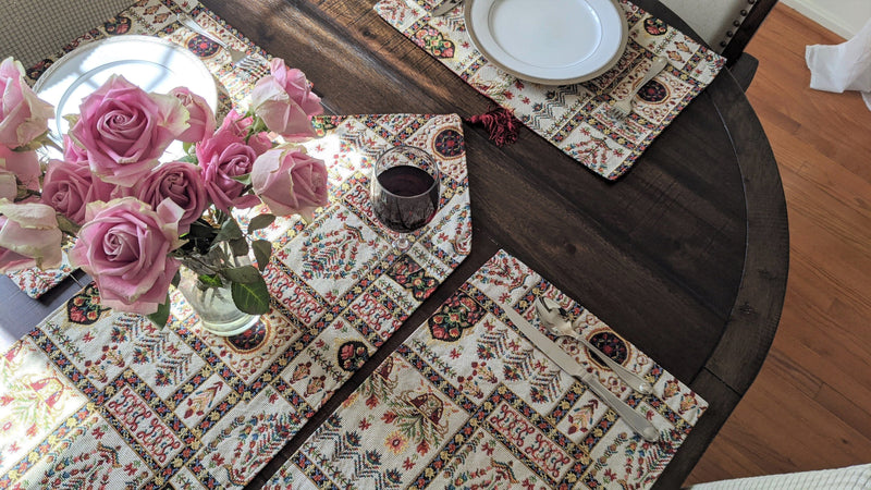 DaDa Bedding Set of 8 Pieces Light Botanical Mughal Floral Table Woven Tapestry - 4 Placemats, 2 Table Runners, 2 Throw Pillow Covers (18196) - DaDa Bedding Collection