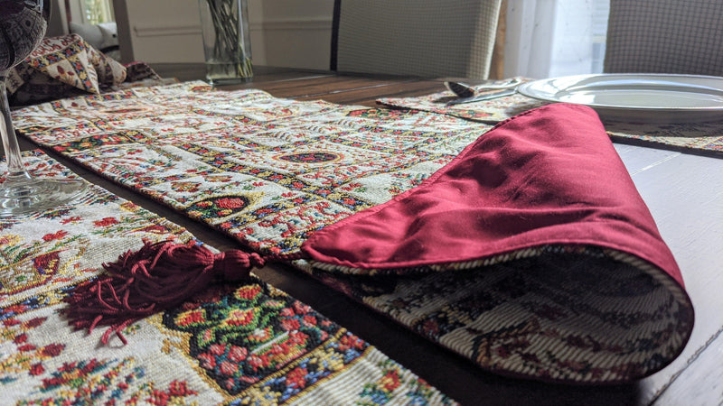 DaDa Bedding Set of 8 Pieces Light Botanical Mughal Floral Table Woven Tapestry - 4 Placemats, 2 Table Runners, 2 Throw Pillow Covers (18196) - DaDa Bedding Collection