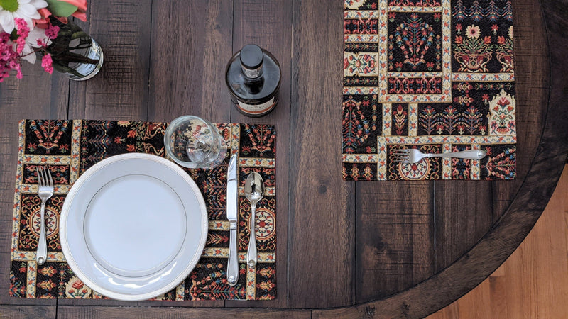 DaDa Bedding Set of 8 Pieces Dark Botanical Mughal Floral Table Woven Black Tapestry - 4 Placemats, 2 Table Runners, 2 Throw Pillow Covers (18197) - DaDa Bedding Collection