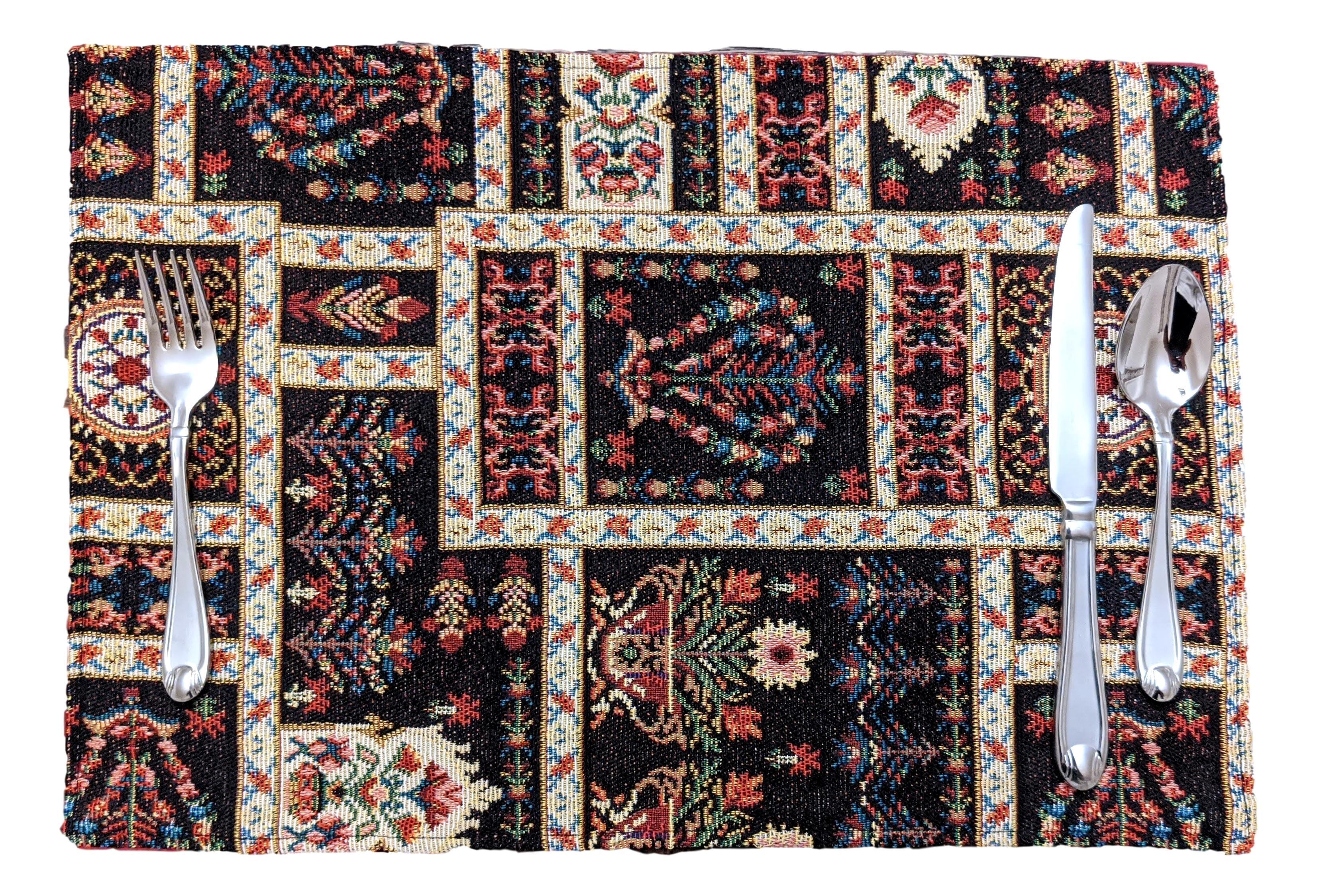 DaDalogy Bedding Set of 4-Pieces Dark Noir Mughal Floral Botanical Vintage Fleur Tapestry Placemats 13” x 19” (18197) - DaDa Bedding Collection