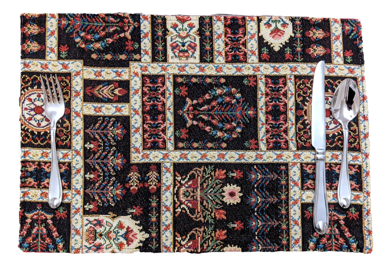 DaDalogy Bedding Set of 4-Pieces Dark Noir Mughal Floral Botanical Vintage Fleur Tapestry Placemats 13” x 19” (18197) - DaDa Bedding Collection