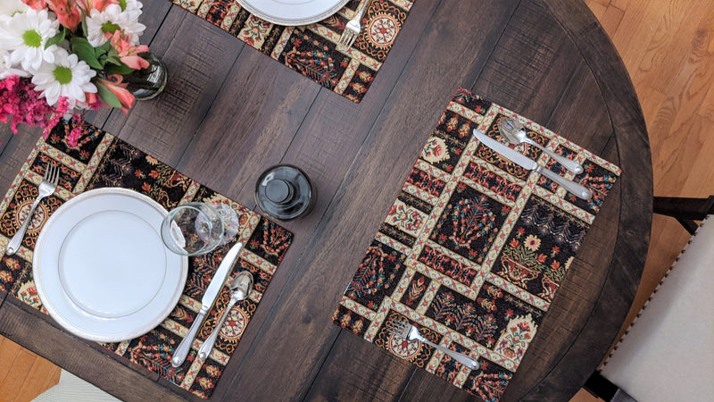 DaDa Bedding Set of 8 Pieces Dark Botanical Mughal Floral Table Woven Black Tapestry - 4 Placemats, 2 Table Runners, 2 Throw Pillow Covers (18197) - DaDa Bedding Collection