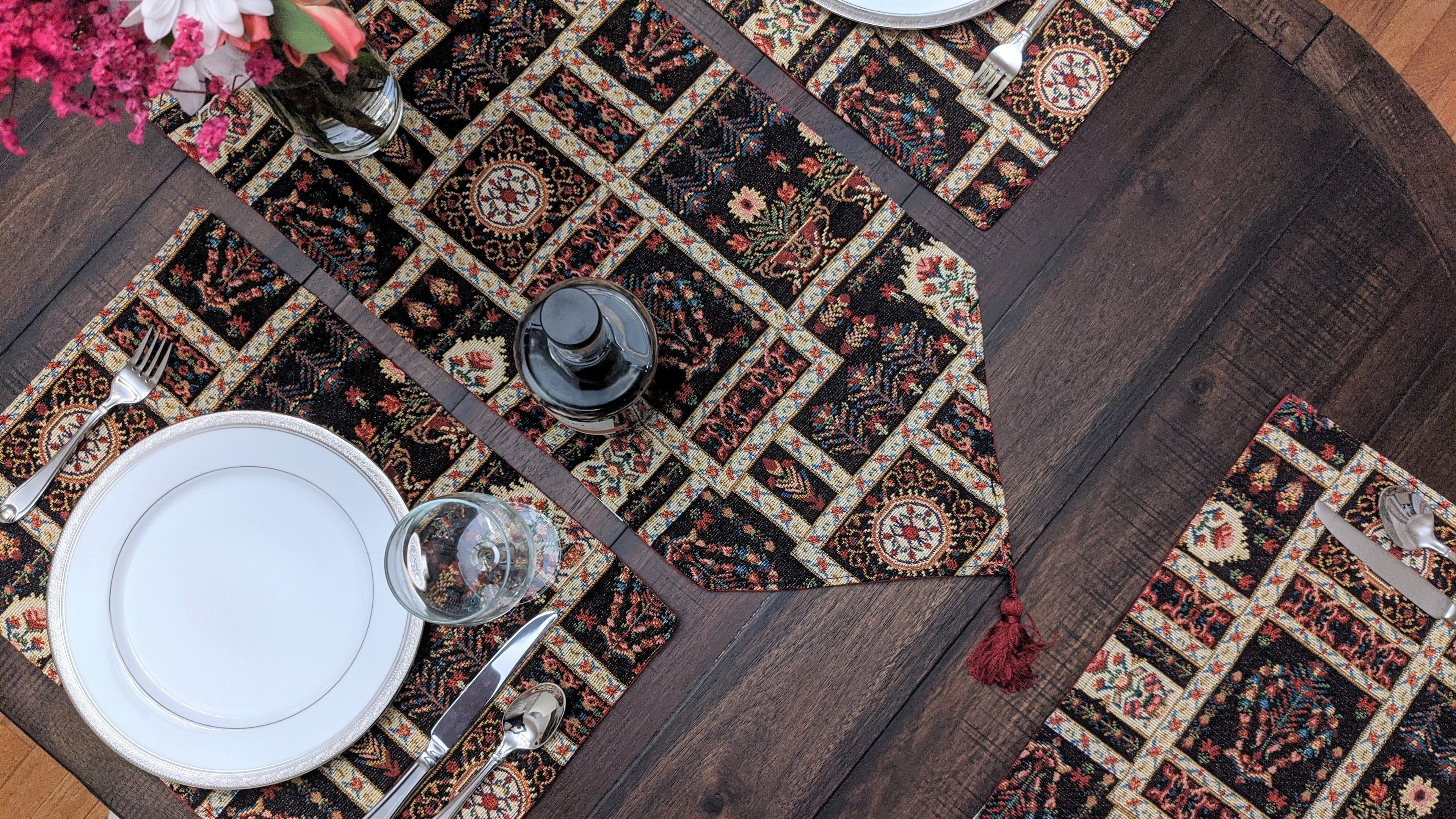 DaDalogy Bedding Elegant Woven Mughal Floral Tapestry Table Runner, Dark Noir Botanical Vintage Fleur (18197) - DaDa Bedding Collection