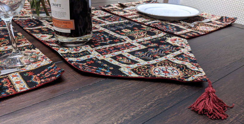 DaDa Bedding Set of 8 Pieces Dark Botanical Mughal Floral Table Woven Black Tapestry - 4 Placemats, 2 Table Runners, 2 Throw Pillow Covers (18197) - DaDa Bedding Collection