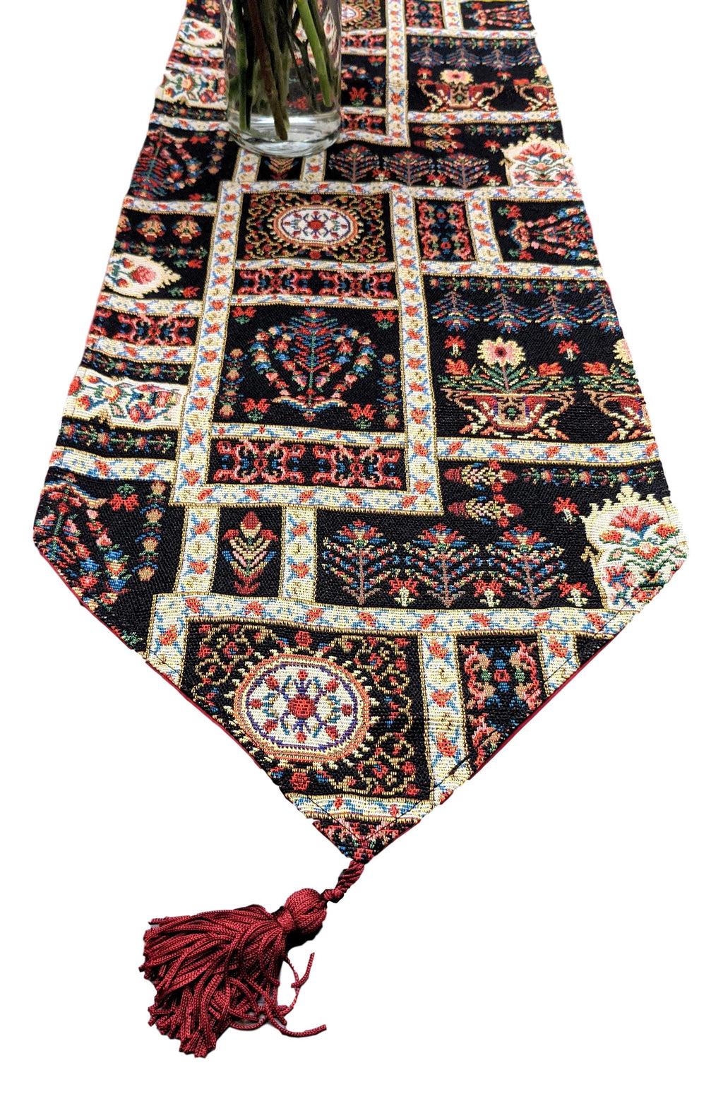 DaDalogy Bedding Elegant Woven Mughal Floral Tapestry Table Runner, Dark Noir Botanical Vintage Fleur (18197) - DaDa Bedding Collection