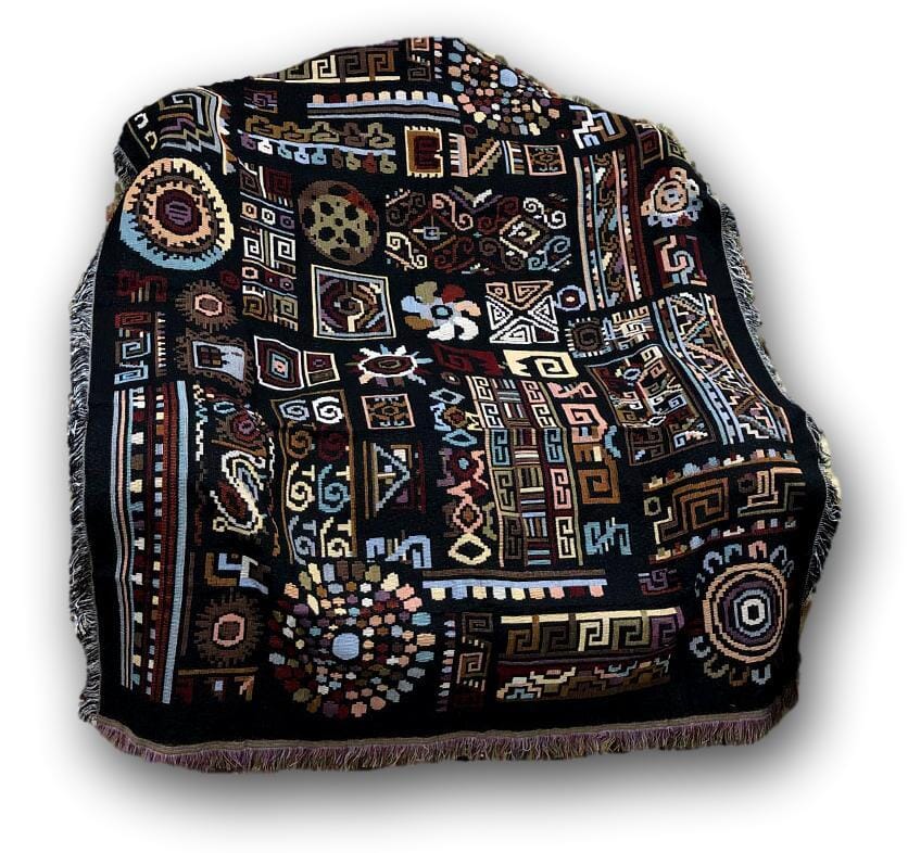 DaDa Bedding Elegant Tapestry Throw Blanket, Ethnic Ornaments Geometric Black - 50” x 60” (7174) - DaDa Bedding Collection