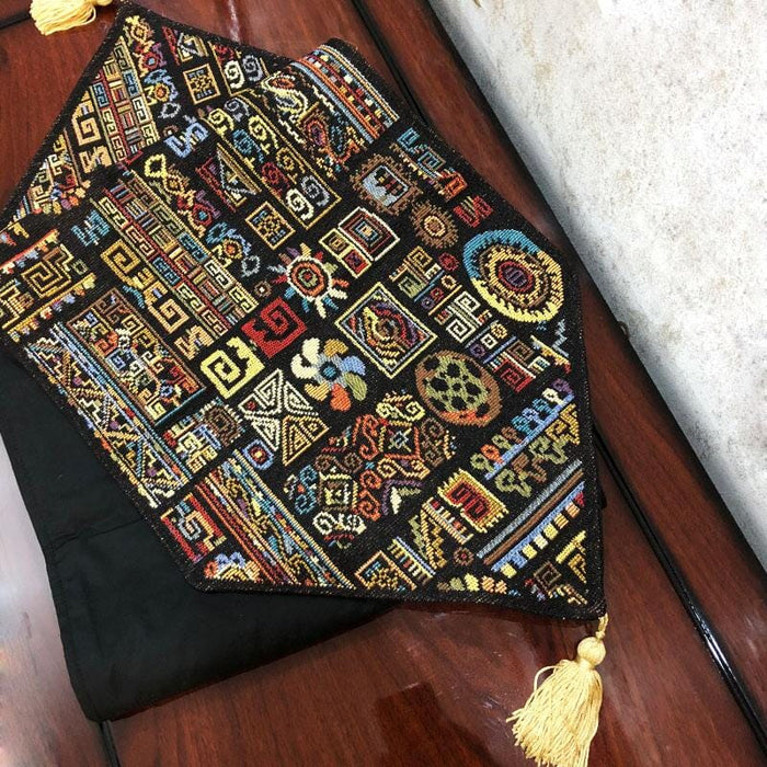 TABLE RUNNER - DaDa Bedding Elegant Woven Tapestry Table Runner, Ethnic Ornaments Geometric Black (18118) - DaDa Bedding Collection