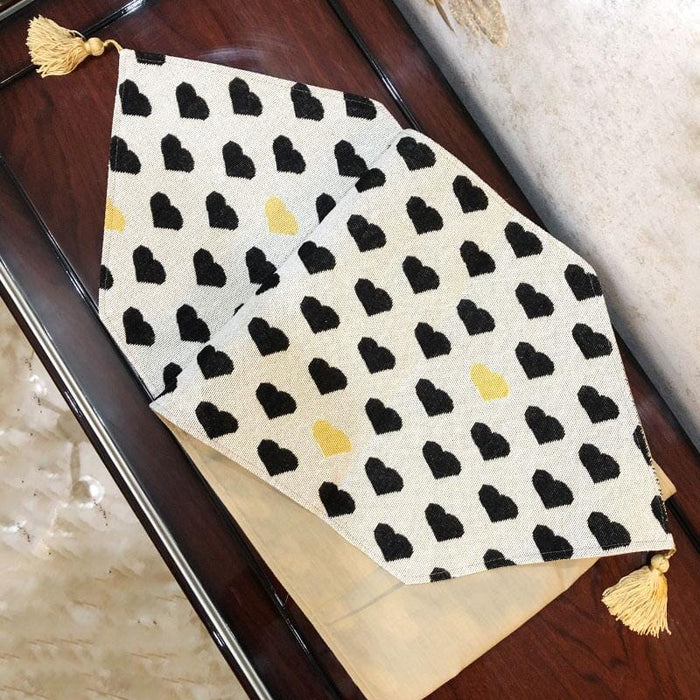 TABLE RUNNER - DaDa Bedding Elegant Woven Tapestry Table Runner, Lovely Black and Yellow Hearts (18113) - DaDa Bedding Collection