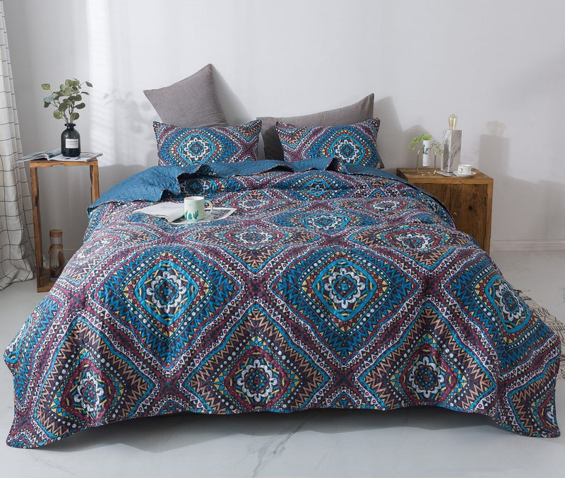 DaDa Bedding Farmhouse Bohemian Native Rustic Navy Blue Geometric Diamond Shapes Bedspread Set (KSX-001) - DaDa Bedding Collection