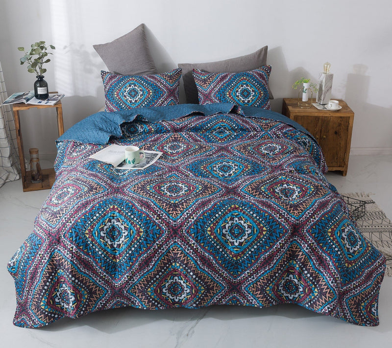 DaDa Bedding Farmhouse Bohemian Native Rustic Navy Blue Geometric Diamond Shapes Bedspread Set (KSX-001) - DaDa Bedding Collection