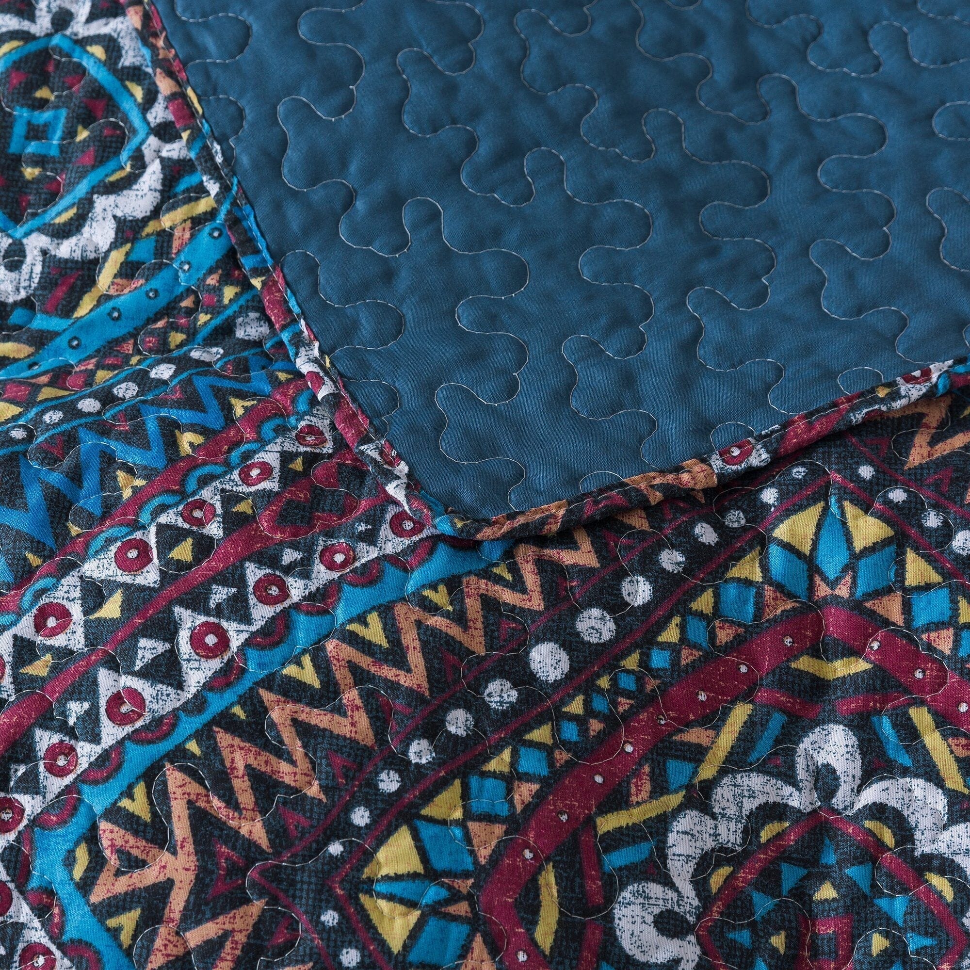 DaDa Bedding Farmhouse Bohemian Native Rustic Navy Blue Geometric Diamond Shapes Bedspread Set (KSX-001) - DaDa Bedding Collection