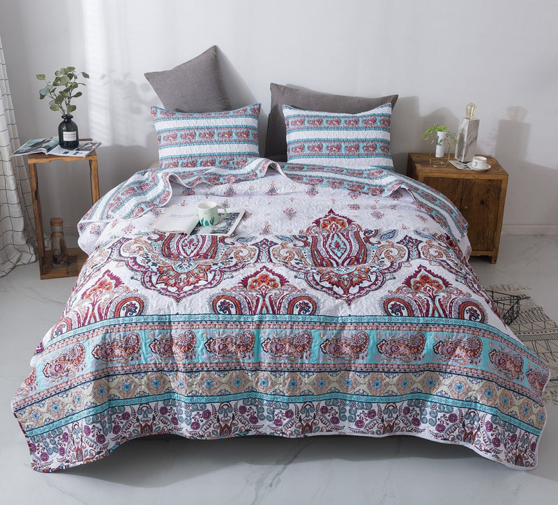 DaDa Bedding Bohemian Summertime White Blue Floral Paisley Bedspread Set (KSX-003) - DaDa Bedding Collection