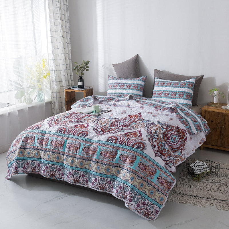 DaDa Bedding Bohemian Summertime White Blue Floral Paisley Bedspread Set (KSX-003) - DaDa Bedding Collection