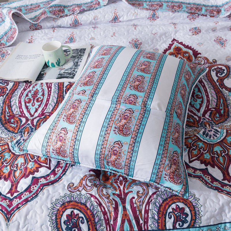 DaDa Bedding Bohemian Summertime White Blue Floral Paisley Bedspread Set (KSX-003) - DaDa Bedding Collection