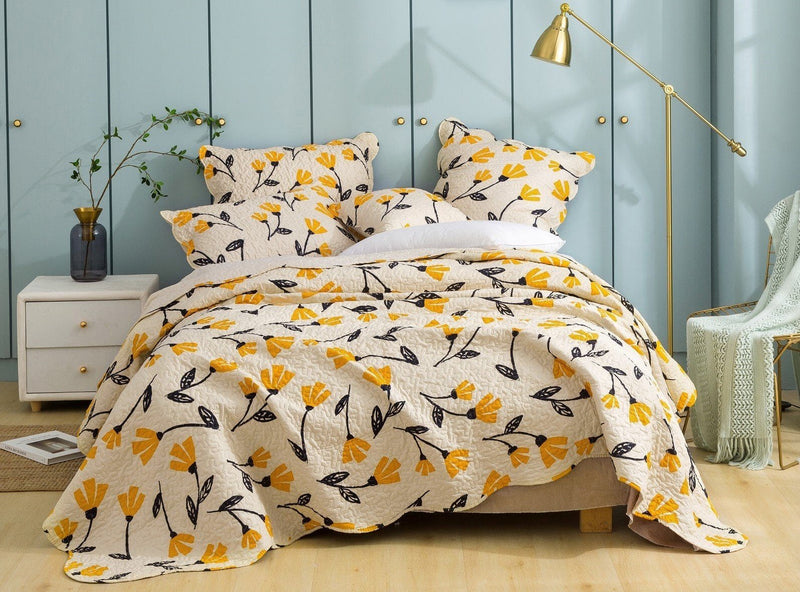 DaDa Bed in a Bag Bundle Set - Yellow Fleur Botanical Ivory Tan Floral Bedding Set (18112) - DaDa Bedding Collection